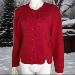 Red Womens M Sweater Boiled Wool Cardigan Classic Style